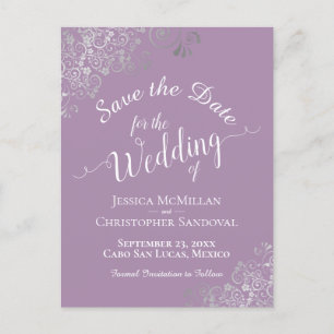 Cartão Postal De Anúncio Silver Frills na Lavanda Casamento Salve a Data