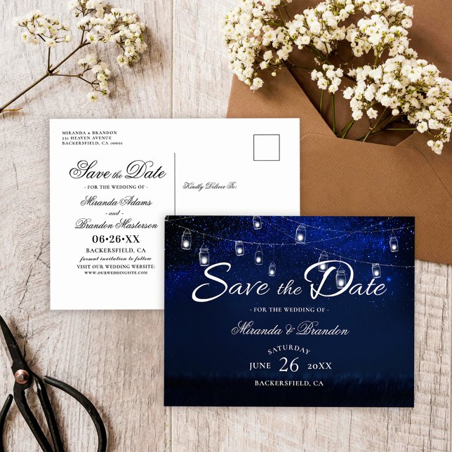 Cartão Postal De Anúncio Silver Mason Jar String Lights Blue Save the Date (Criador carregado)