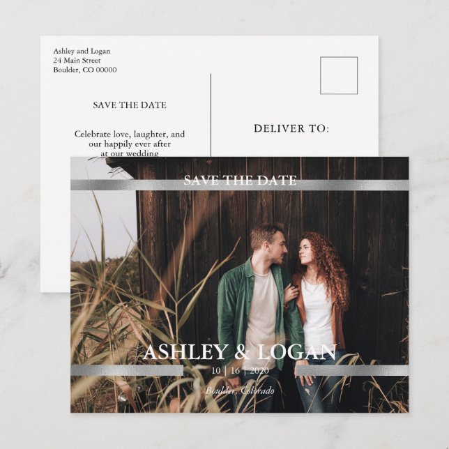 Cartão Postal De Anúncio Silver Modern Wedding Salvar a Foto de Data (Frente/Verso)