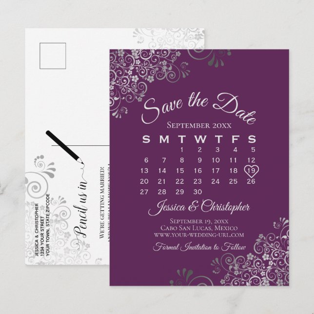 Cartão Postal De Anúncio Silver Plum Purple Wedding Save the Date Calendar (Frente/Verso)