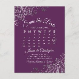 Cartão Postal De Anúncio Silver Plum Purple Wedding Save the Date Calendar