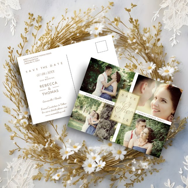 Cartão Postal De Anúncio Simple Elegant Four Photos Couple in Love (Simple Elegant Four Photos Couple in Love Save the Date Card.)