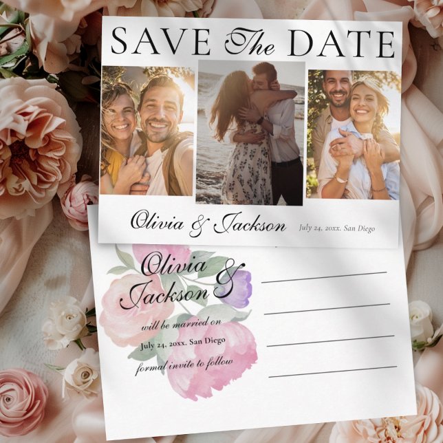 Cartão Postal De Anúncio Simple Save the Date 3 Photo & Floral Wedding (Criador carregado)