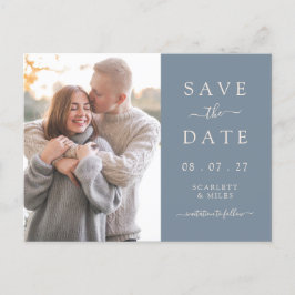 Cartão Postal De Anúncio Simples Save The Date de Casamento Foto Azul Empoe