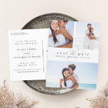 Cartão Postal De Anúncio Simplesmente Elegante, várias fotos salvam a data<br><div class="desc">Diga "sim" a estes bonitos, salve os cartões postais de data e anote seu grande dia aos amigos e à família em estilo chic! Salve os cartões postais de data plana com três fotos favoritas de seu noivado — duas no topo, e uma no fundo — com "salve a data"...</div>