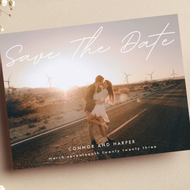Cartão Postal De Anúncio Simply Elegant Photo White Text Save The Date (Criador carregado)