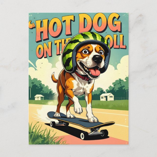 Cartão Postal De Anúncio Skateboarding Dog Summer Funny Retro Beach  (Frente)