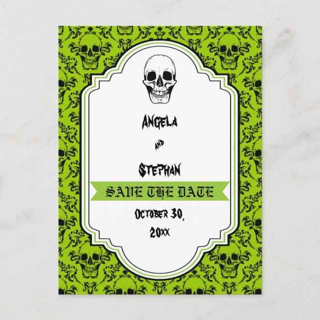 Cartão Postal De Anúncio Skulls damask green black Halloween Salve a data (Frente)