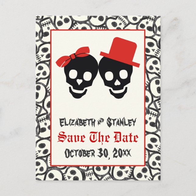 Cartão Postal De Anúncio Skulls Halloween Casamento Negro Vermelho Salve a  (Frente)