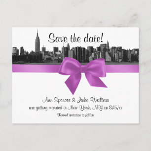 Cartão Postal De Anúncio Skyline Ampla NYC gravado BW Lilac Salvar Data