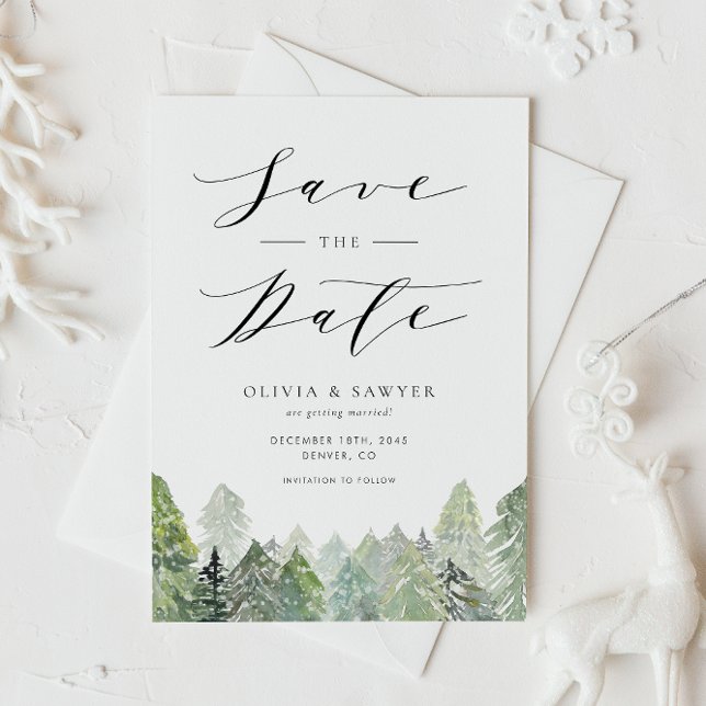 Cartão Postal De Anúncio Snowy Evergreen Forest Winter Salva a Data (Save the date postcard featuring snowy watercolor evergreen forest for winter and rustic weddings.)