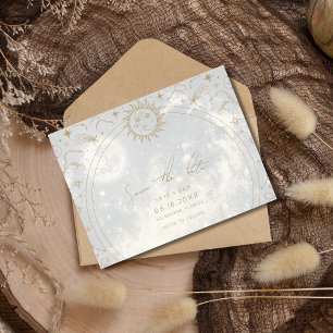 Cartão Postal De Anúncio Sol Celestial Lua Estrelas Casamento Salve a Data