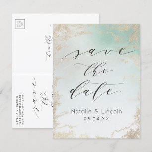 Cartão Postal De Anúncio Sombra em Verde Menta Dourado Save the Date