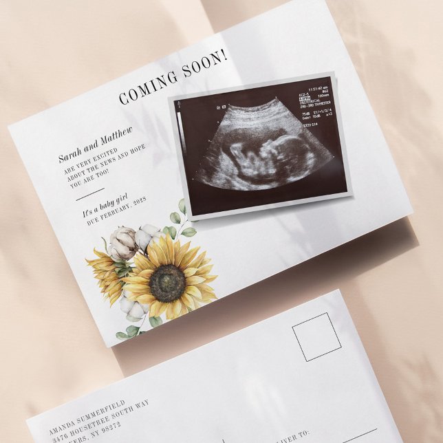 Cartão Postal De Anúncio Sonograma de Eucalyptus Floral de Girassol (Sunflower Sonogram Pregnancy Announcement Postcard)