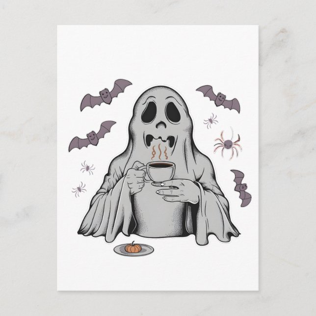 Cartão Postal De Anúncio Spooky Ghost Bebendo Cafeine Halloween (Frente)