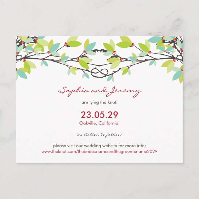 Cartão Postal De Anúncio Spring Wedding Knotted Love Trees Salvem a Data (Frente)