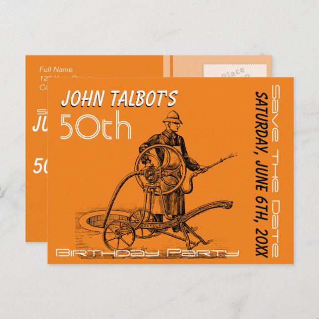 Cartão Postal De Anúncio Sprinkler ou Fireman 50º Aniversário Guarde a Data (Frente/Verso)