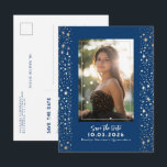 Cartão Postal De Anúncio Stars Celestial QUINCEANERA Salvar a Foto da Data<br><div class="desc">Celestial Night Sky Quinceañera Salve a data Cartões-postais de fotos em azul-Marinho Elegante e Dourado</div>