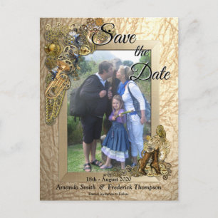 Cartão Postal De Anúncio Steampunk em Couro Dourado Save the Date