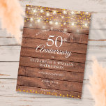 Cartão Postal De Anúncio String do 50º aniversário acende madeira salva a d<br><div class="desc">Com luzes bonito de cordas e delicados corações dourados,  confete em um fundo de madeira rústica. Personalize com seu especial aniversário de 50 anos de ouro,  salve as informações de data em letra chic. Projetado por Thisnotme©</div>