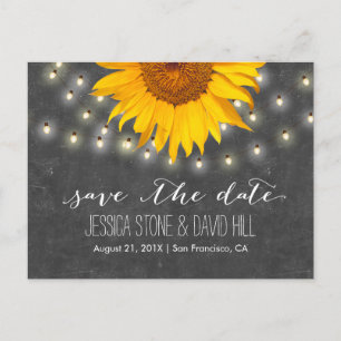 Cartão Postal De Anúncio String Lights & Sunflower Weding Date (Salvar data