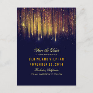 Cartão Postal De Anúncio string luz dourado confetti marinho salvar data