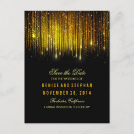 Cartão Postal De Anúncio string luz ouro confetti preto salvar data