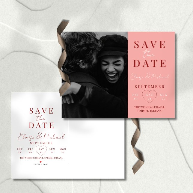 Cartão Postal De Anúncio Stylish Pink Calendar Photo Wedding Save The Date (Invite guests to save the date with this Stylish Calendar Photo Double-sided Save The Date Invite!)