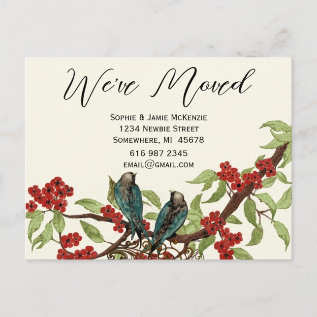 Cartão Postal De Anúncio Sua Foto no verso Pássaros Antigos Nós nos Mudamos (Frente)