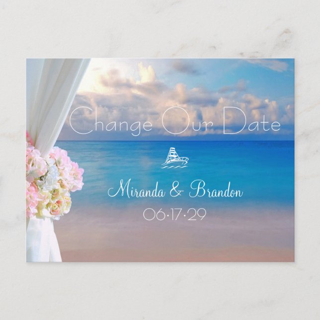 Cartão Postal De Anúncio Summer Sunset Floral Beach Weding Change the Date  (Frente)
