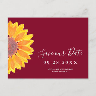 Cartão Postal De Anúncio Sunflower Burgundy Casamento Salvar Data
