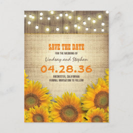 Cartão Postal De Anúncio Sunflower Burlap String Light Rustic Save Date