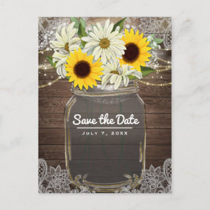 Cartão Postal De Anúncio Sunflower Daisies Mason Jar Sparkle Salva Data