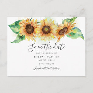 Cartão Postal De Anúncio Sunflower Elegant Watercolor Casamento Salva a Dat