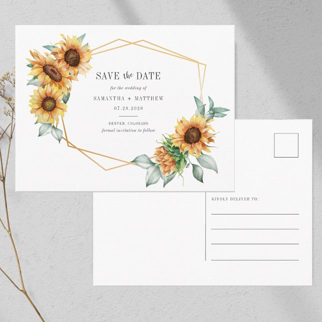 Cartão Postal De Anúncio Sunflower Eucalyptus Geométrico Salvar a Data (Sunflower Watercolor Wedding Save the Date Announcement Postcard)