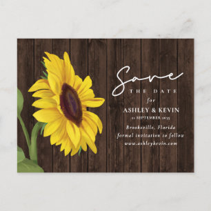 Cartão Postal De Anúncio Sunflower Floral Rustic Wood Casamento Salvar Data