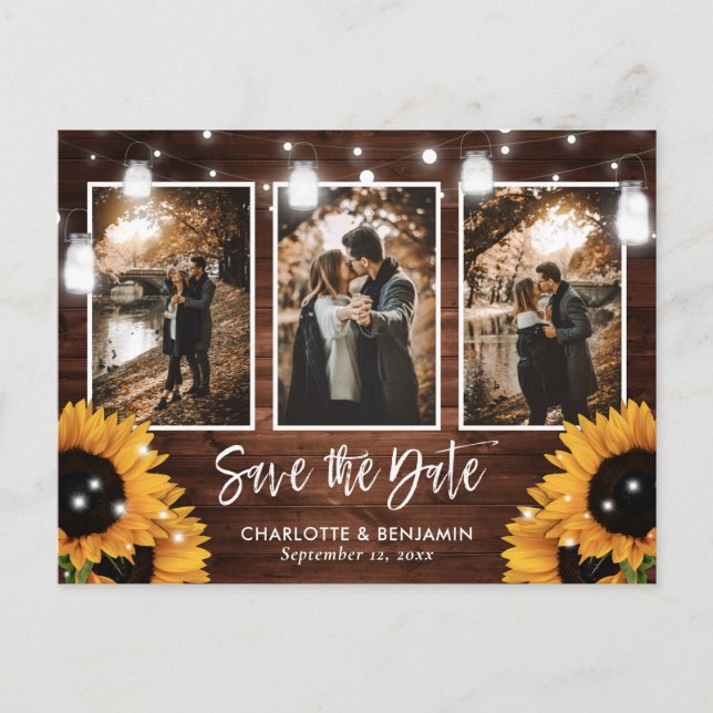 Cartão Postal De Anúncio Sunflower Mason Jar Barn Wood Foto Salvar Data (Frente)