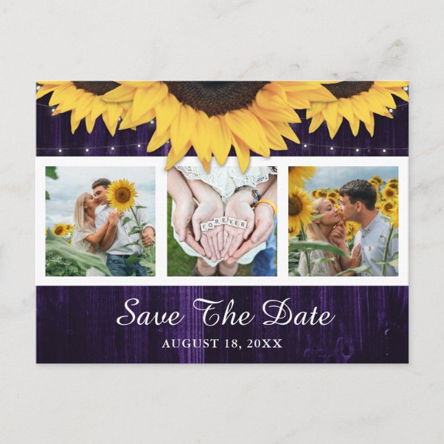 Cartão Postal De Anúncio Sunflower Purple Weding Photo Save The Date (Foto  (Frente)
