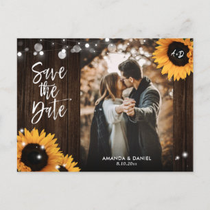 Cartão Postal De Anúncio Sunflower Rustic Wood Photo Save The Date Postcard