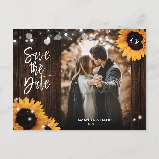 Cartão Postal De Anúncio Sunflower Rustic Wood Photo Save The Date Postcard (Frente)