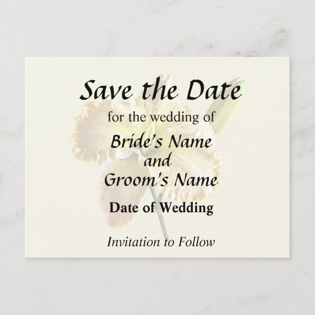 Cartão Postal De Anúncio Suprimentos de casamento de lírio do dia amarelo (Frente)