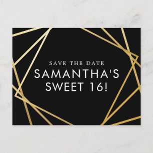 Cartão Postal De Anúncio Sweet 16 Save the Date Black Dourado Geométrico