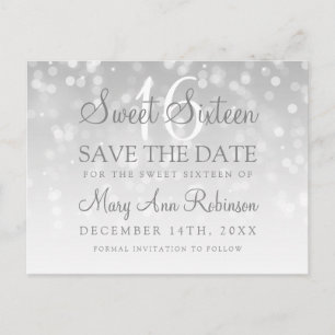 Cartão Postal De Anúncio Sweet 16 Save The Date Prata Bokeh Sparkle Lights