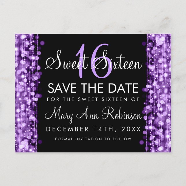 Cartão Postal De Anúncio Sweet 16 Save The Date Purple Party Sparkles (Frente)