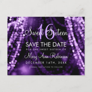 Cartão Postal De Anúncio Sweet 16 "Save The Date" Purple String Lights
