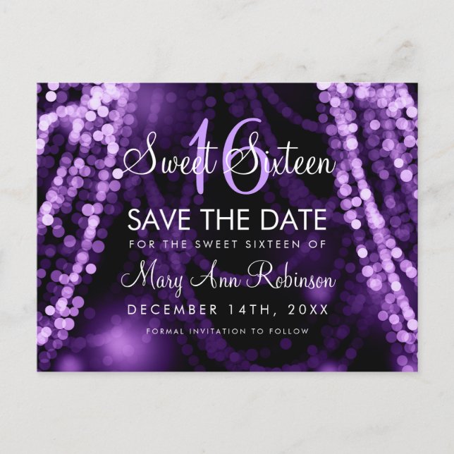 Cartão Postal De Anúncio Sweet 16 "Save The Date" Purple String Lights (Frente)