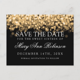 Cartão Postal De Anúncio Sweet 16 Save The Date Shimmering Dourado Lights