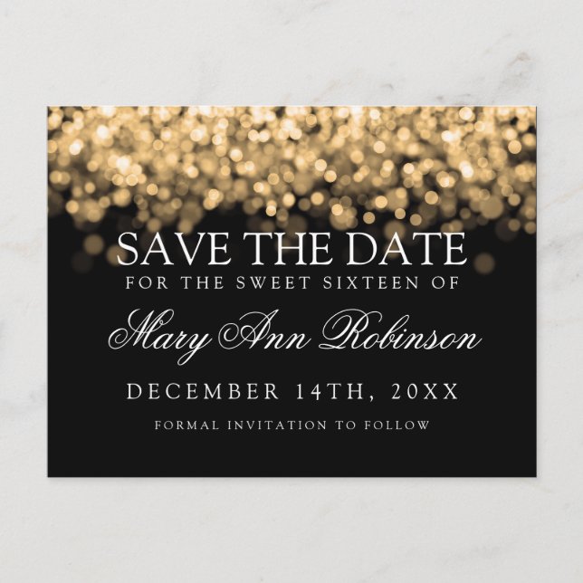 Cartão Postal De Anúncio Sweet 16 Save The Date Shimmering Dourado Lights (Frente)