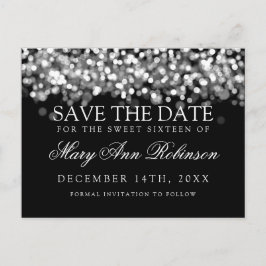 Cartão Postal De Anúncio Sweet 16 Save The Date Shimmering Silver Lights