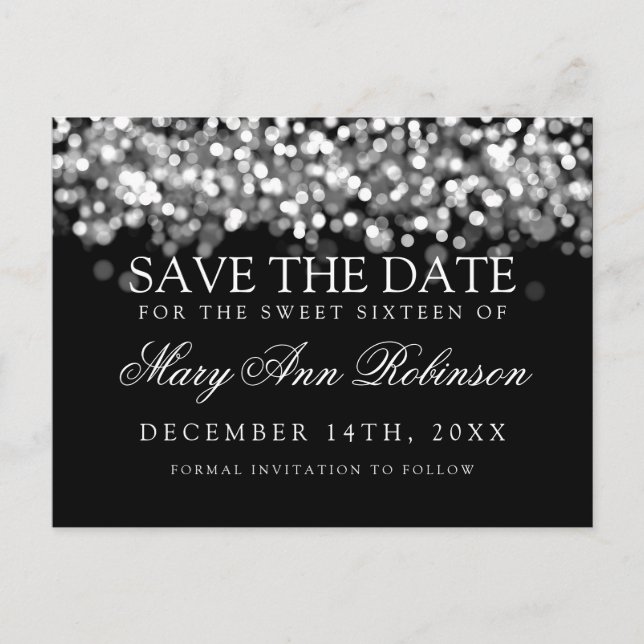 Cartão Postal De Anúncio Sweet 16 Save The Date Shimmering Silver Lights (Frente)